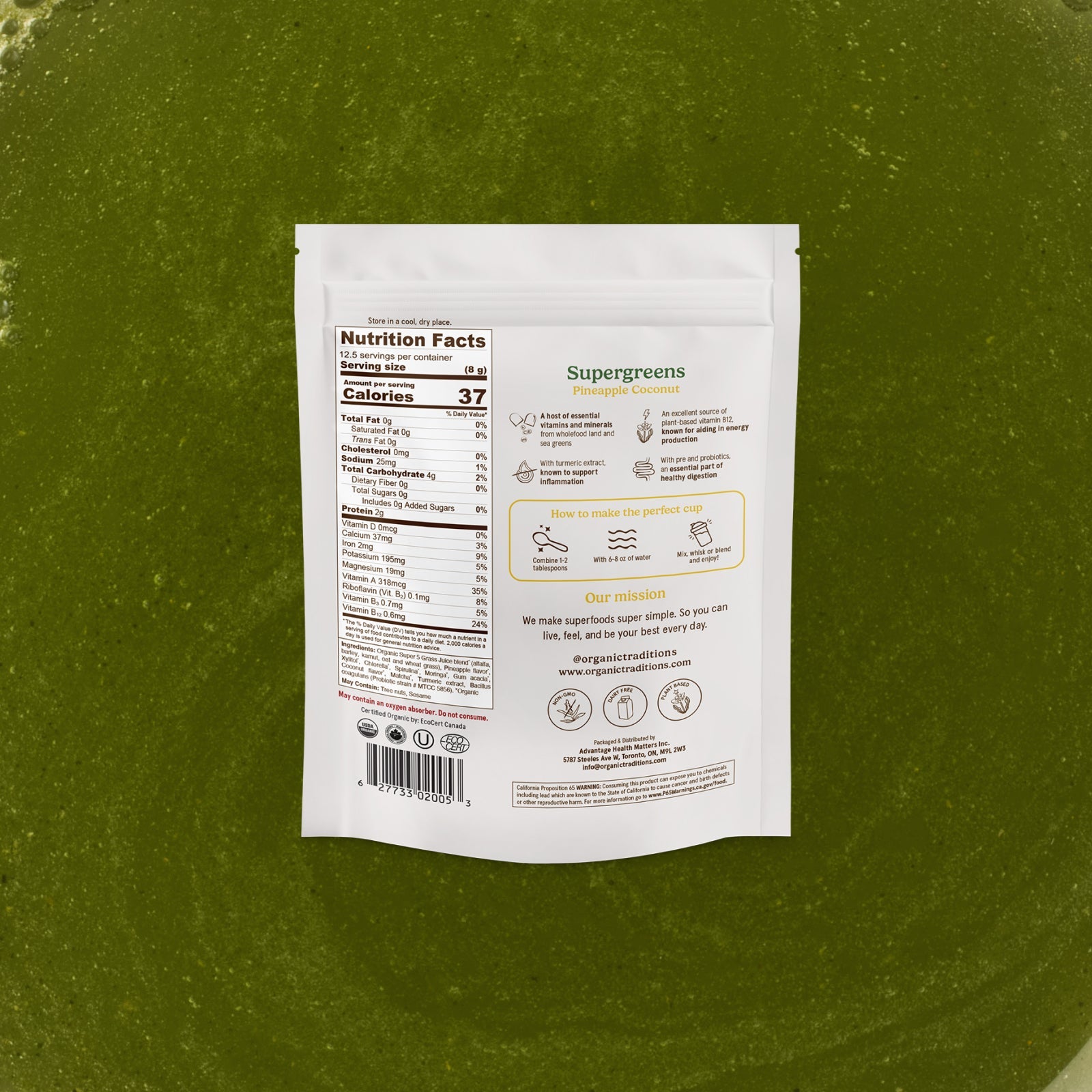 Supergreens package with nutrition facts label on a green background