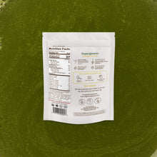 Supergreens package with nutrition facts label on a green background