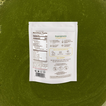 Supergreens package with nutrition facts label on a green background