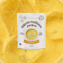 Packaging of Organic Traditions Superfoods Turmeric Latte on a yellow background