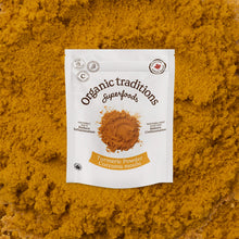 Package of Organic Traditions Superfoods Turmeric Powder on a textured yellow background