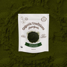 Package of Organic Traditions Wheat Grass Juice Powder on a green background