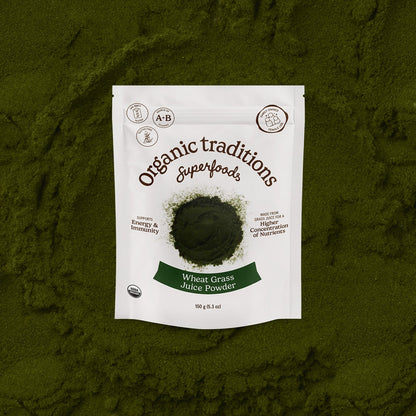 Package of Organic Traditions Wheat Grass Juice Powder on a green background