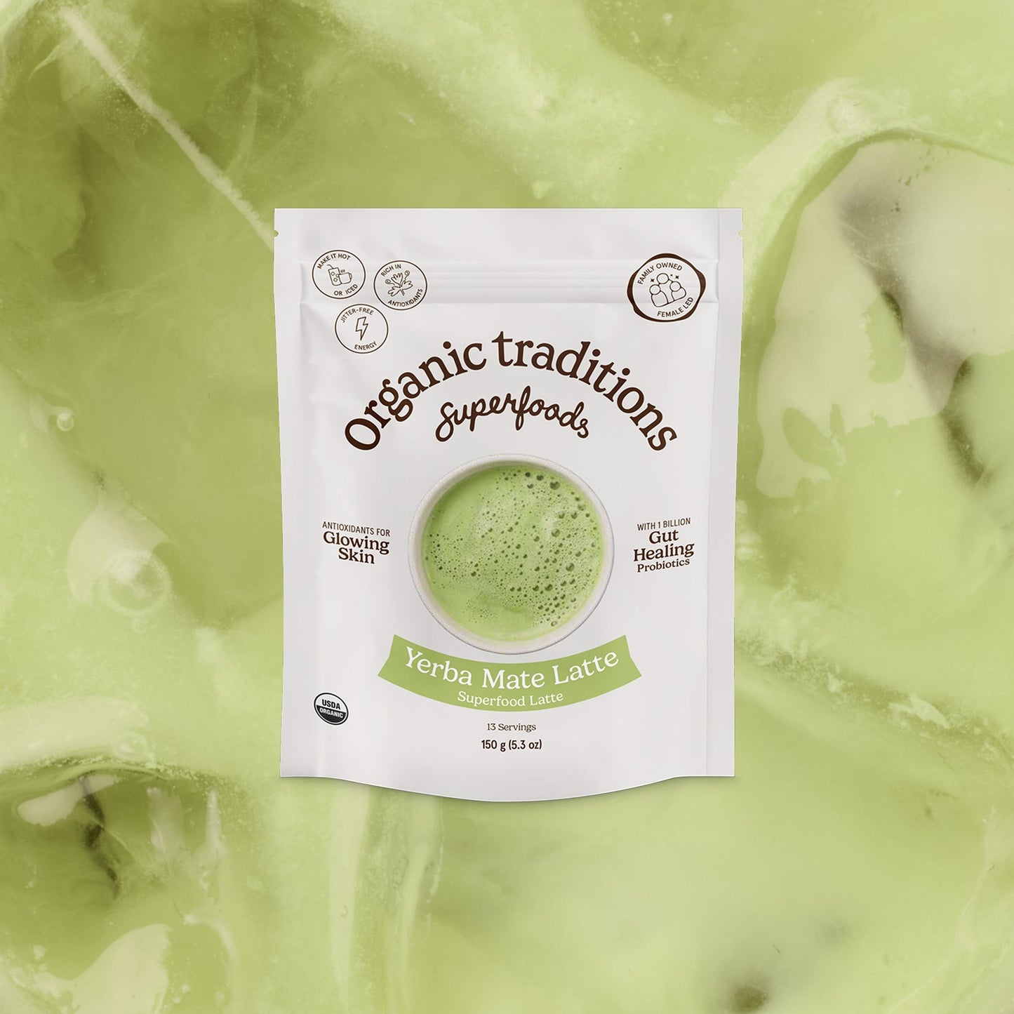 Package of Organic Traditions Yerba Mate Latte on a green background