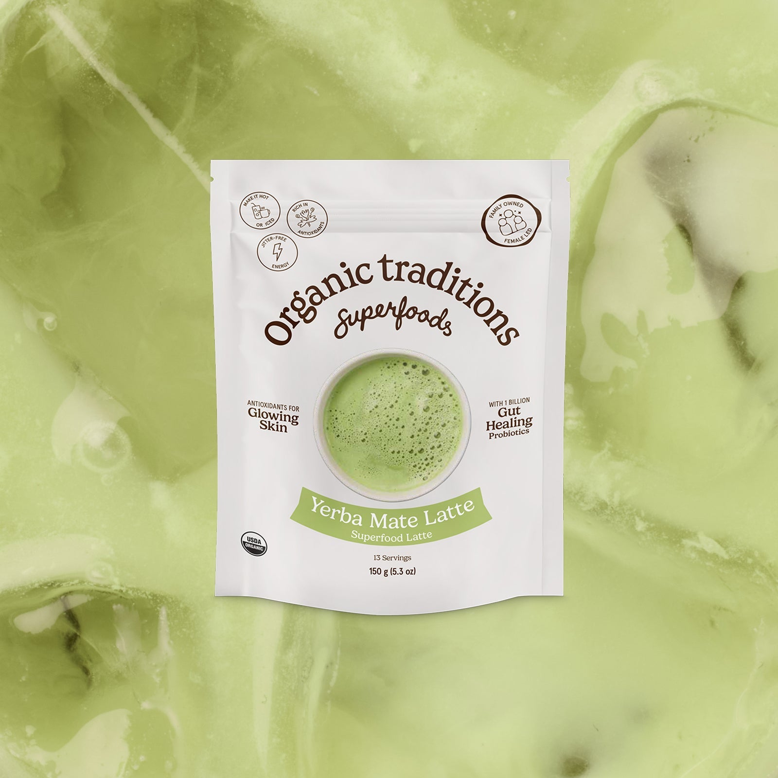 Package of Organic Traditions Yerba Mate Latte on a green background