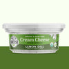 Container of Lemon Dill cream cheese spread with a green label on a white background