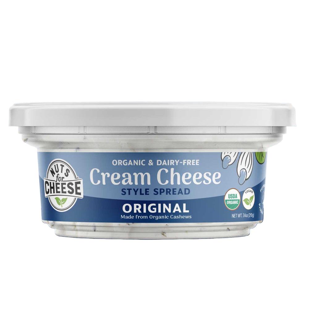 Container of Nuts for Cheese cream cheese style spread on a blue and white background