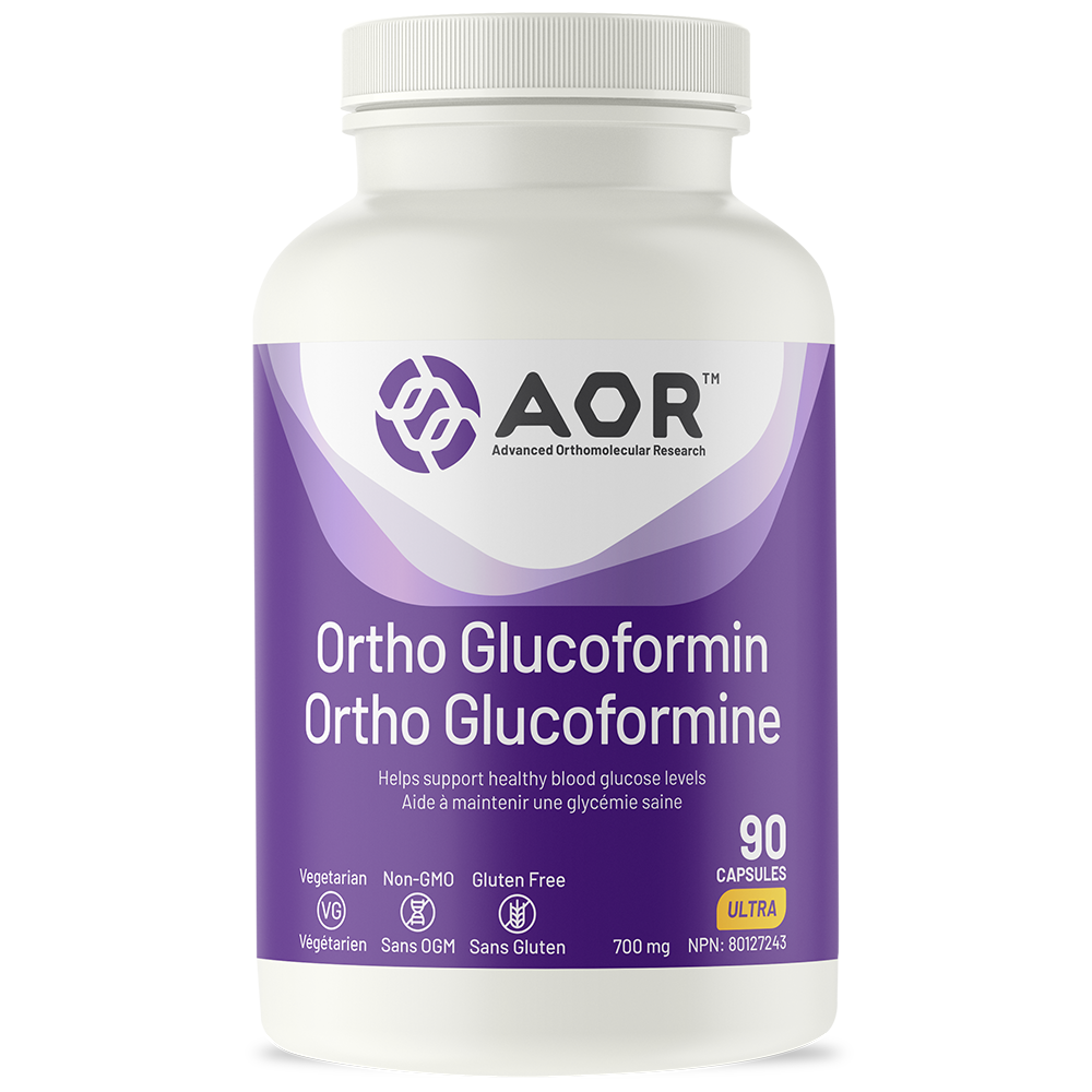 Supplement bottle labeled 'Ortho Glucoformin' by AOR on a white background