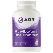 Supplement bottle labeled 'Ortho Glucoformin' by AOR on a white background