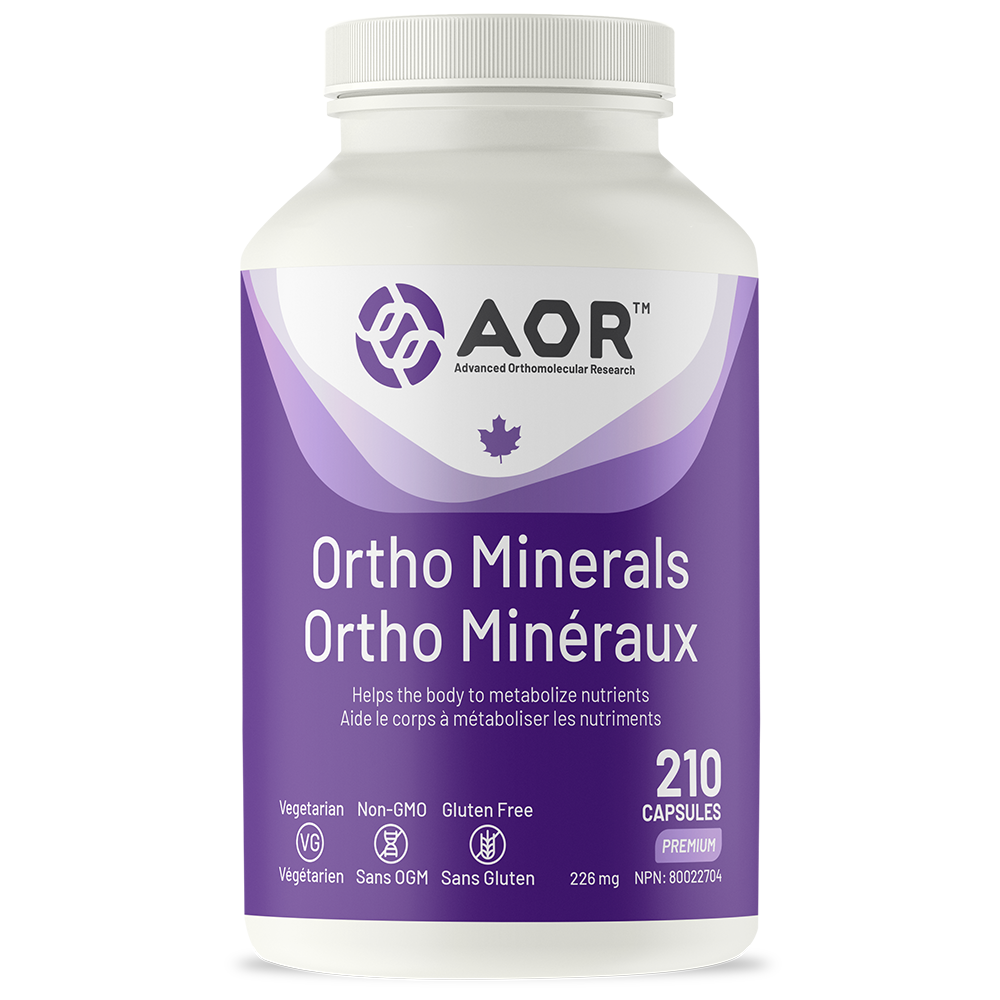 AOR Ortho Minerals supplement bottle with purple label on a white background