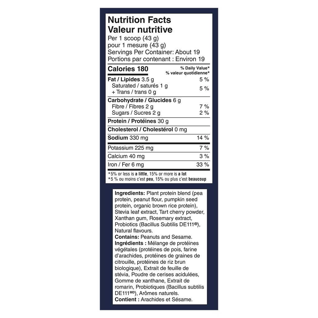 Nutrition facts label for a protein supplement on a white background