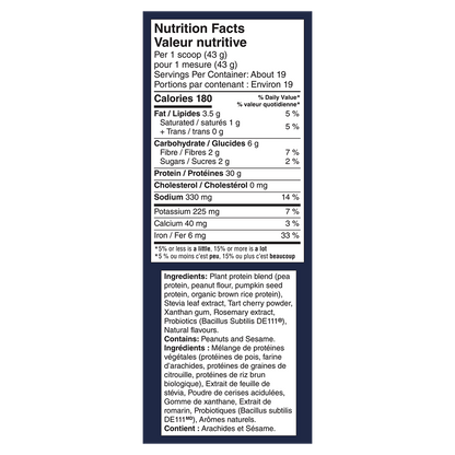 Nutrition facts label for a protein supplement on a white background