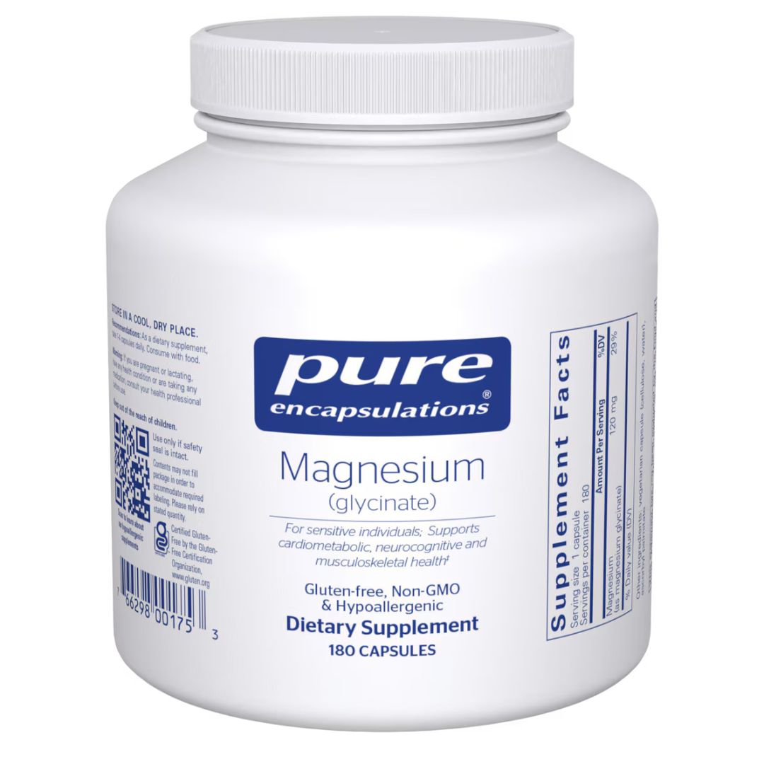 White supplement container labeled 'pure encapsulations Magnesium (glycinate)' on a white background