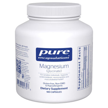 White supplement container labeled 'pure encapsulations Magnesium (glycinate)' on a white background