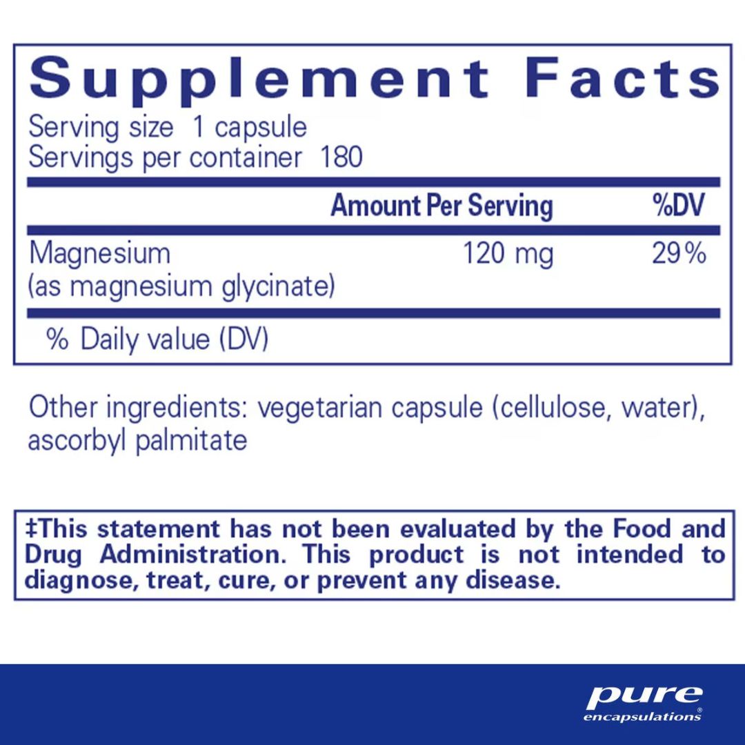 Supplement facts label for magnesium supplement with serving size and container details.