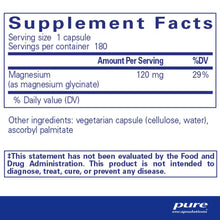 Supplement facts label for magnesium supplement with serving size and container details.