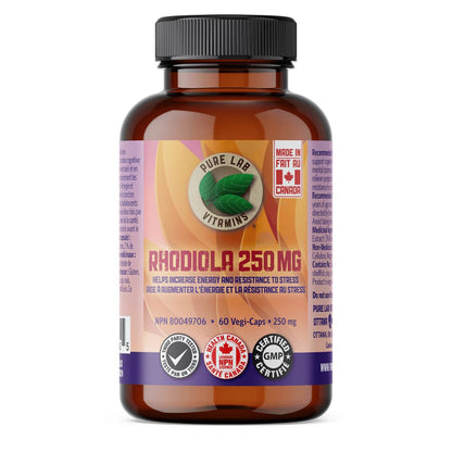 Bottle of Pure Lab Vitamins Rhodiola 250 mg supplement on a white background