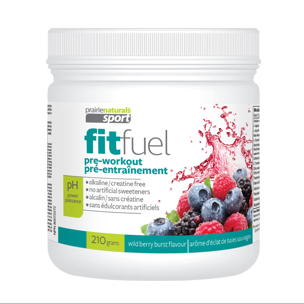 Container of fitfuel pre-workout supplement with berry flavor on a white background