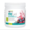 Container of fitfuel pre-workout supplement with berry flavor on a white background