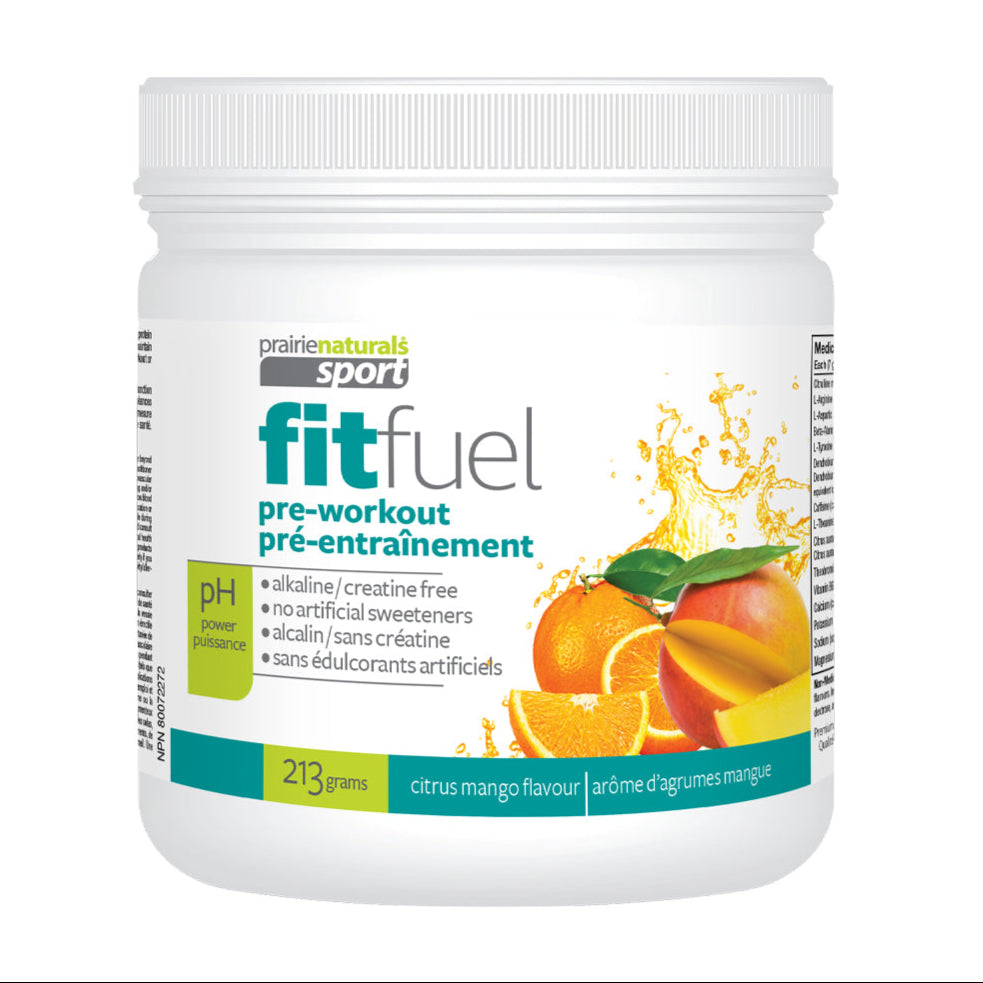 Prairie Naturals Sport Fit Fuel pre-workout supplement container with fruit illustration on a white background