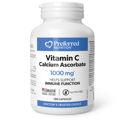 A white bottle of Preferred Nutrition Vitamin C Calcium Ascorbate 1000 mg dietary supplement, displayed on a black surface against a solid green background.
