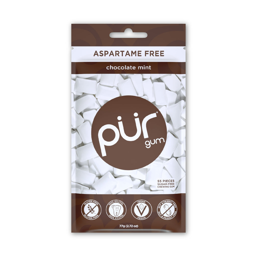Packaging of pur gum with chocolate mint flavor on a white background