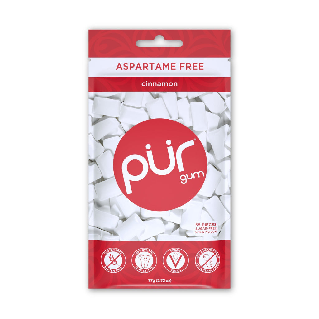 Packaging of pur gum with cinnamon flavor on a white background