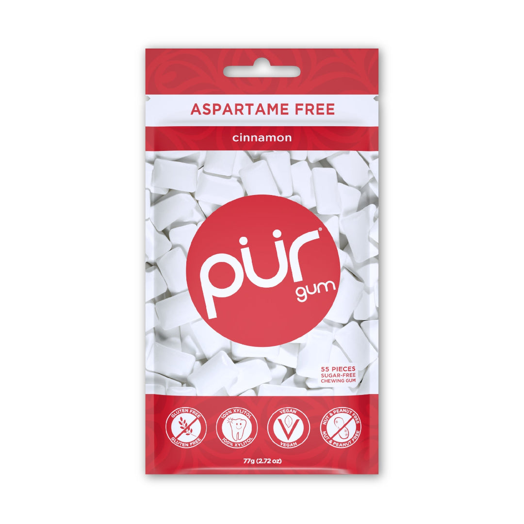 Packaging of pur gum with cinnamon flavor on a white background