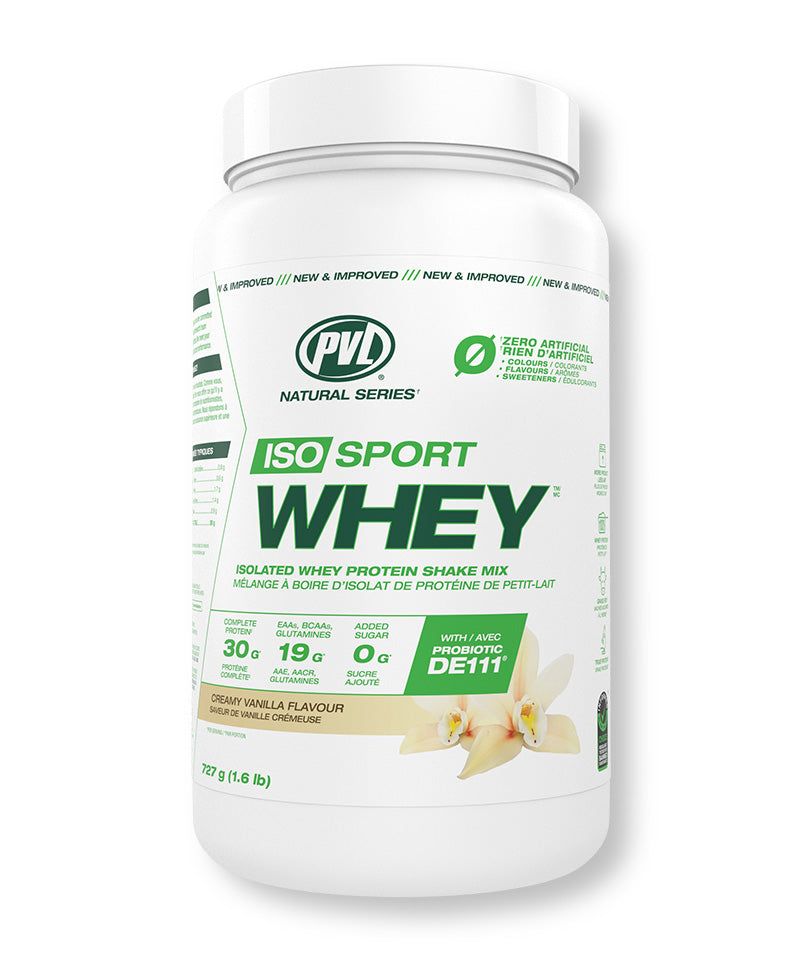 Container of ISO Sport Whey protein powder with PVL logo on a white background