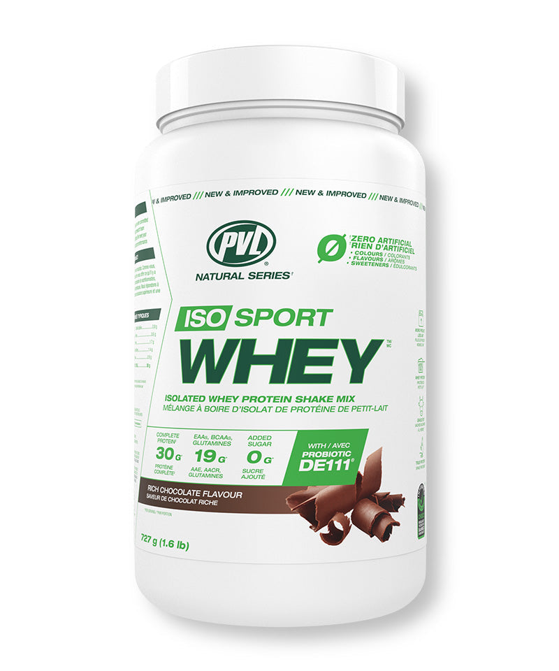 Container of ISO Sport Whey protein powder with PVL branding on a white background