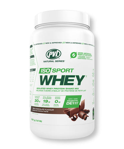 Container of ISO Sport Whey protein powder with PVL branding on a white background