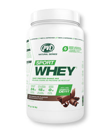 PVL Sport Whey protein powder container on a white background