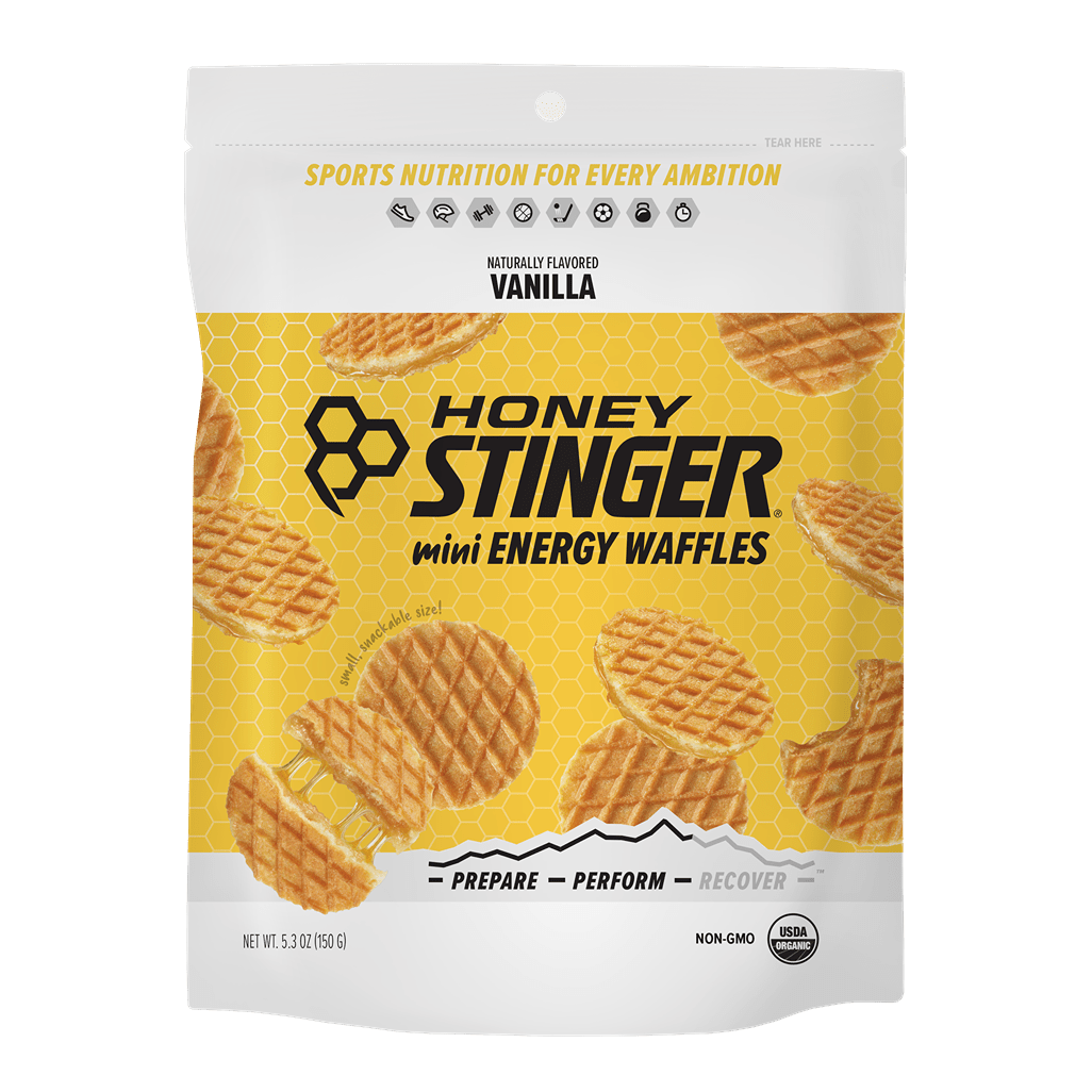 Packaging of Honey Stinger mini energy waffles on a white background