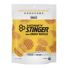 Packaging of Honey Stinger mini energy waffles on a white background