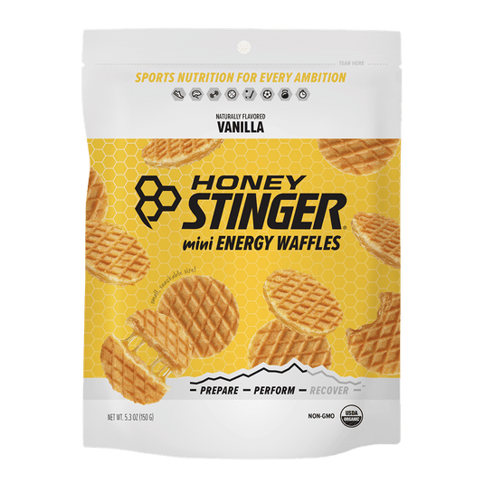 Packaging of Honey Stinger mini energy waffles on a white background