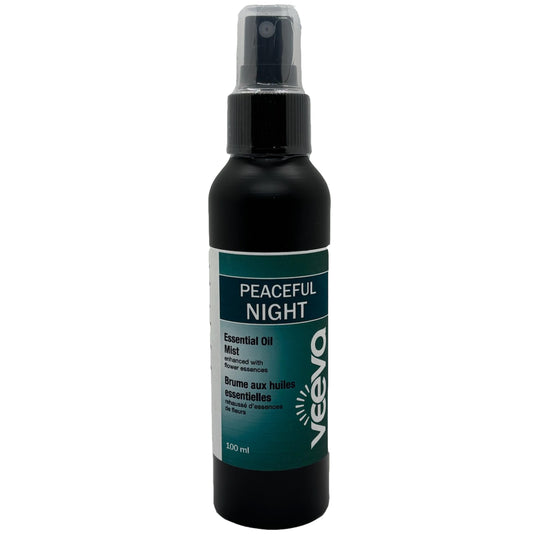 Veeva Peaceful Night essential oil mist bottle on a white background