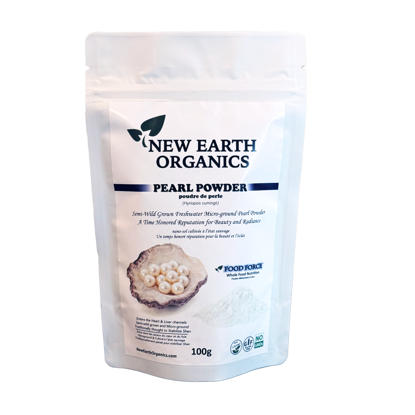 A 100g stand-up pouch of New Earth Organics Pearl Powder, shown on a plain white background.