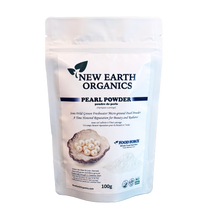 A 100g stand-up pouch of New Earth Organics Pearl Powder, shown on a plain white background.