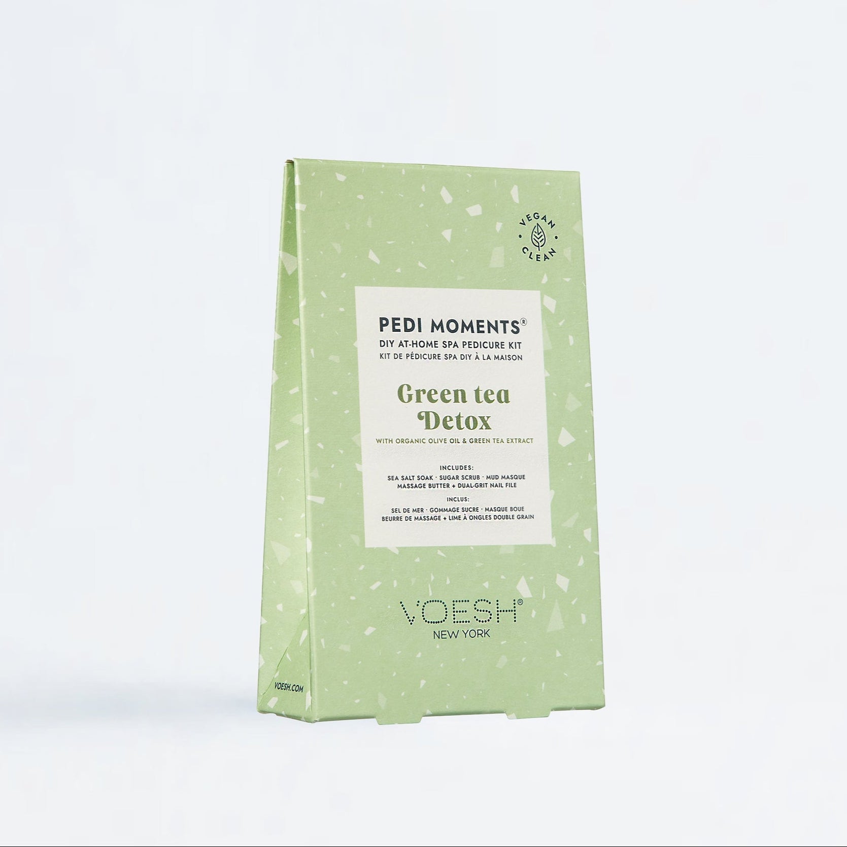 Green tea detox package by Voesh on a white background