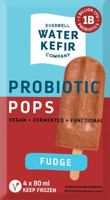 Probiotic fudge popsicle packaging from Everwell Water Kefir Company with a red and blue design.