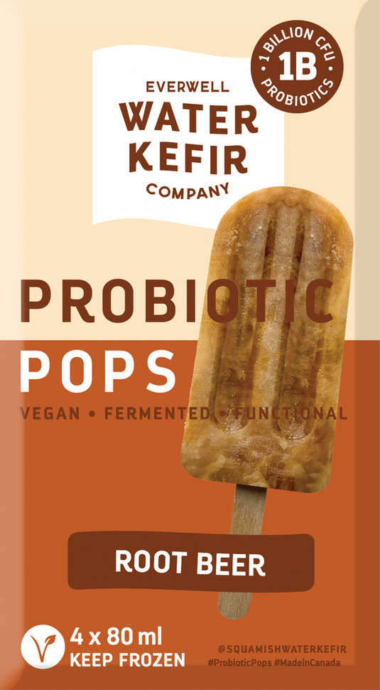 Probiotic root beer popsicle packaging from Everwell Water Kefir Company on a beige background.