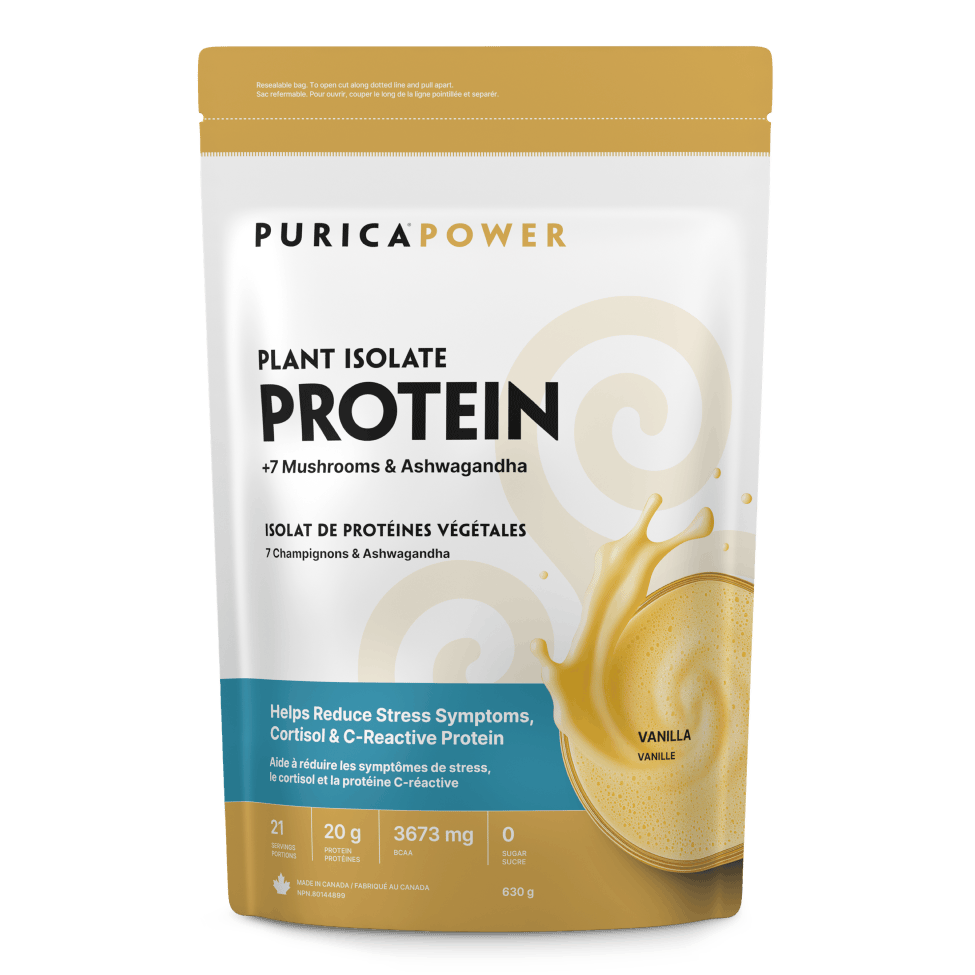Purica Power plant isolate protein package on a brown background