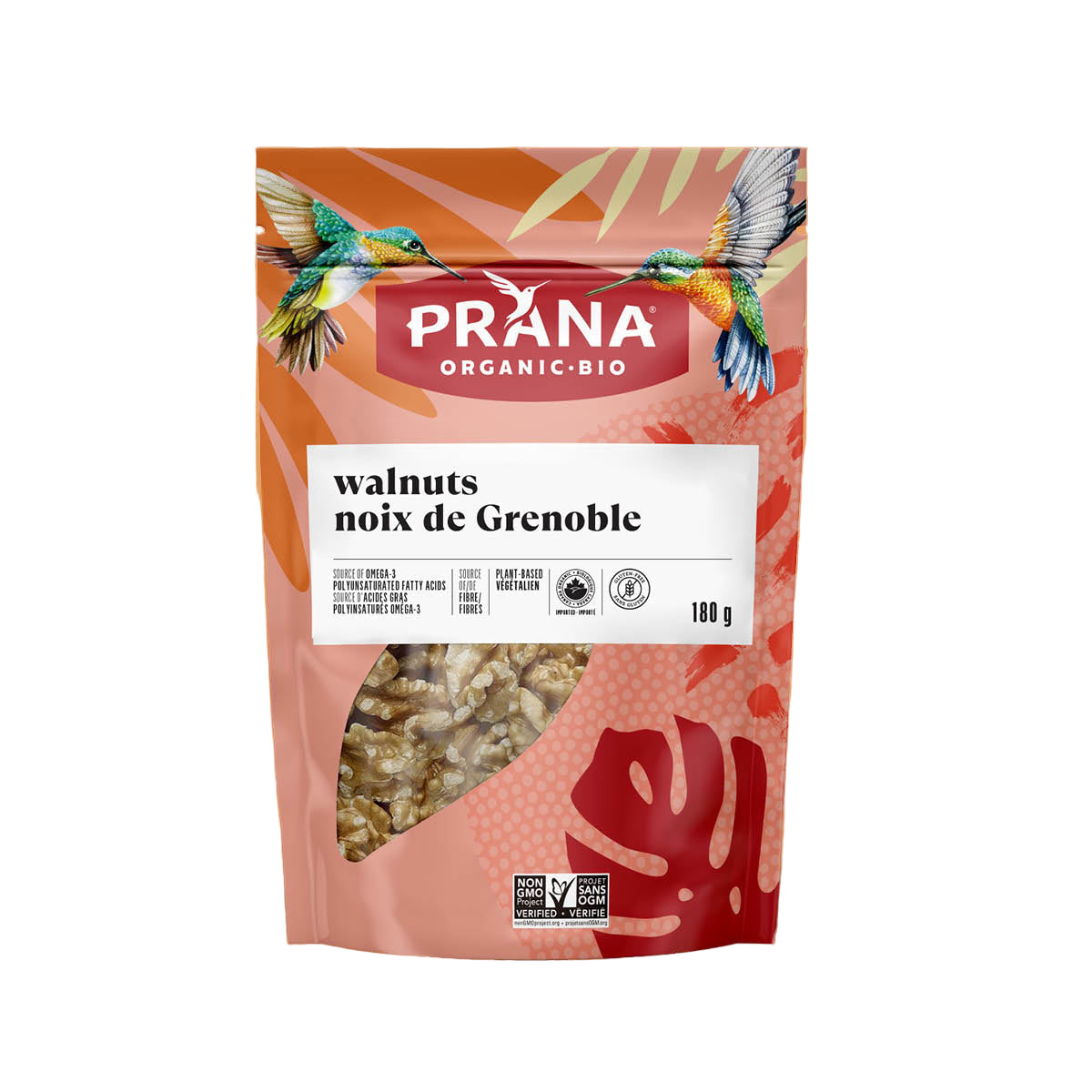 Prana Organic Bio walnuts packaging on an orange background