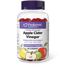 Bottle of Preferred Nutrition Apple Cider Vinegar gummies on a green background