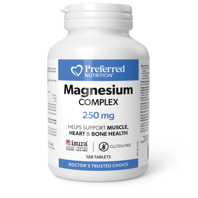 A white bottle of Preferred Nutrition Magnesium Complex 250 mg tablets, shown on a dark green background with a black shadow beneath the bottle.