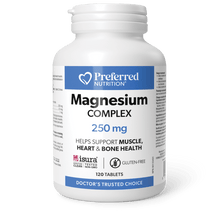 A white bottle of Preferred Nutrition Magnesium Complex 250 mg tablets, shown on a dark green background with a black shadow beneath the bottle.