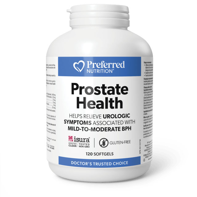 A white plastic bottle of Preferred Nutrition Prostate Health supplement with a blue and white label, shown on a dark green background with a black shadow underneath.