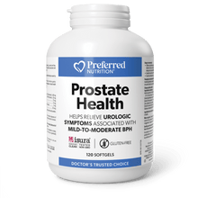 A white plastic bottle of Preferred Nutrition Prostate Health supplement with a blue and white label, shown on a dark green background with a black shadow underneath.