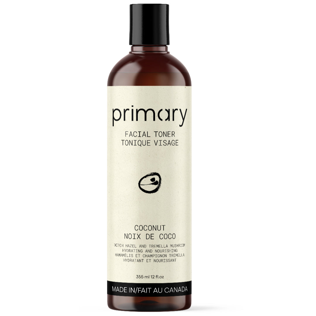Facial toner bottle labeled 'primary' on a white background