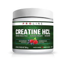 A white plastic tub of Proline Creatine HCL powder with a dark green label, featuring blue raspberry and framboise blue flavors, on a white background with a soft reflection.